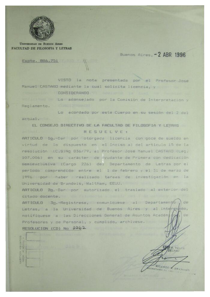 Libro de Resoluciones del Consejo Directivo de abril 1996. (Res. 2262-2455)