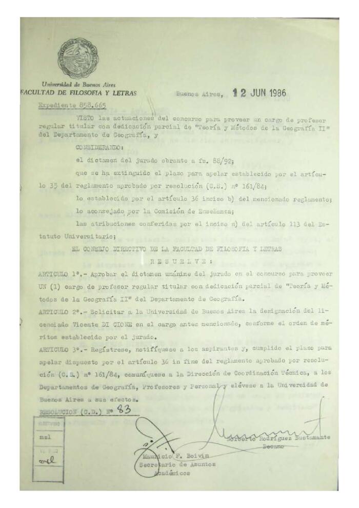 Resolución n°83 del Consejo Directivo del día 12 de junio de 1986.