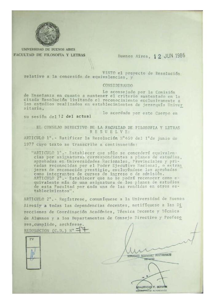 Resolución n°77 del Consejo Directivo del día 12 de junio de 1986.