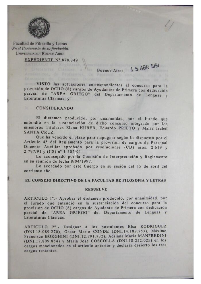 Libro de Resoluciones del Consejo Directivo de abril junio de 1997. (Res. 3715-3964). 