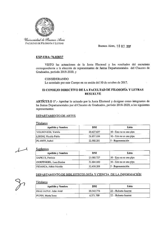 Resolución n°4124 del Consejo Directivo del día 10 de octubre de 2017.