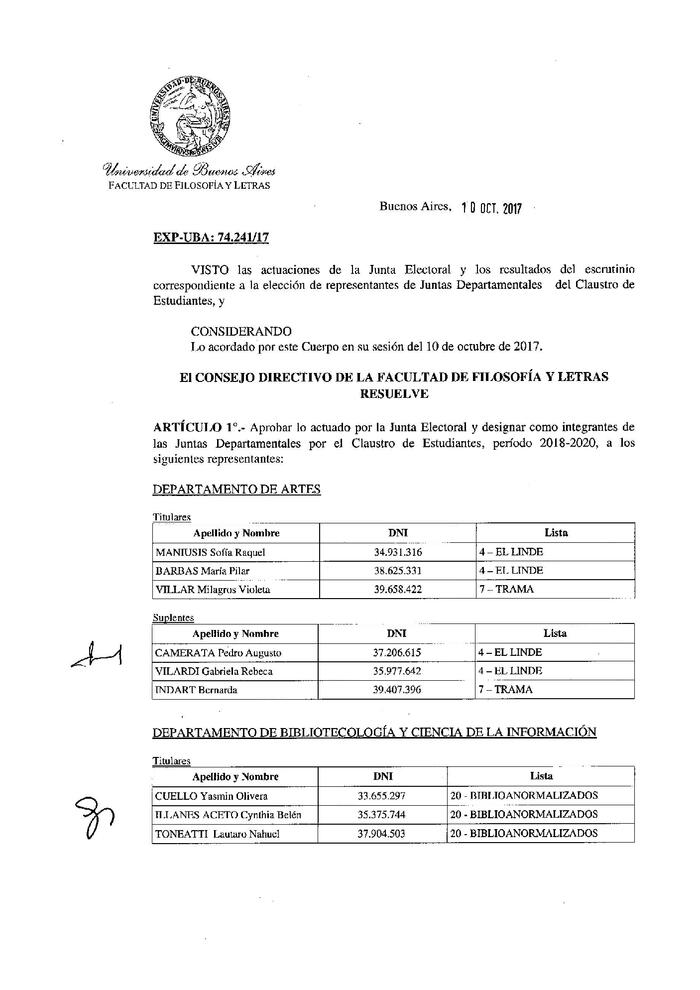 Resolución n°4125 del Consejo Directivo del día 10 de octubre de 2017.