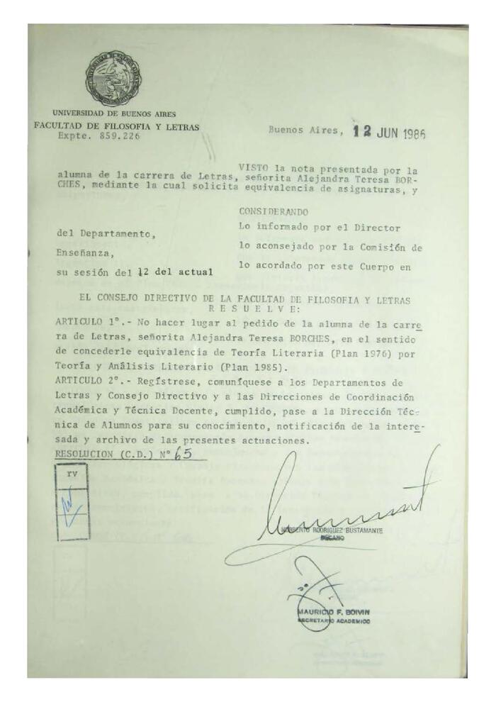 Resolución n°65 del Consejo Directivo del día 12 de junio de 1986.