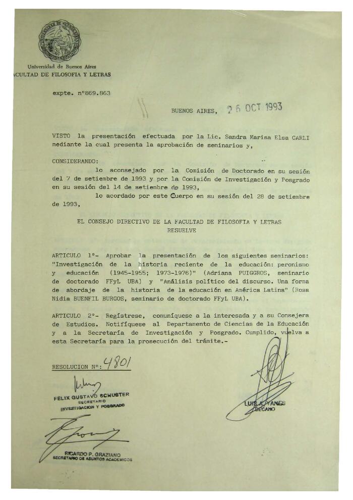 Libro de Resoluciones del Consejo Directivo del 26 de octubre al 21 de diciembre de 1993. (Res. 4801-5062)