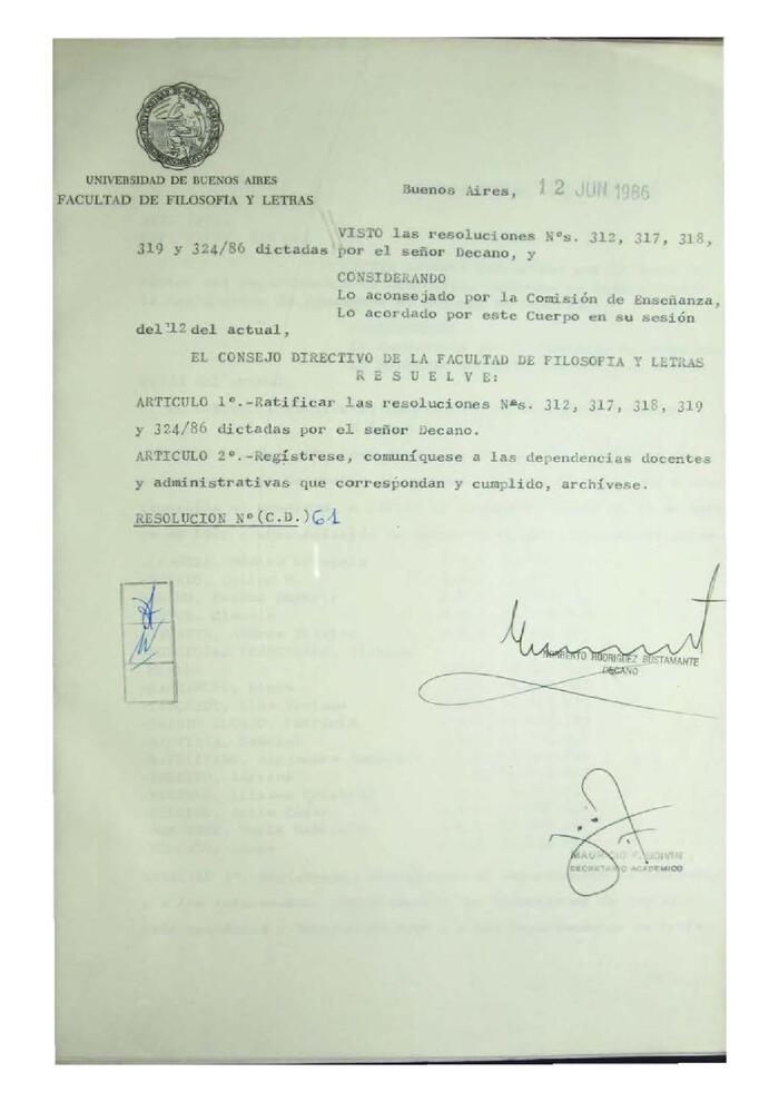 Resolución n°61 del Consejo Directivo del día 12 de junio de 1986.