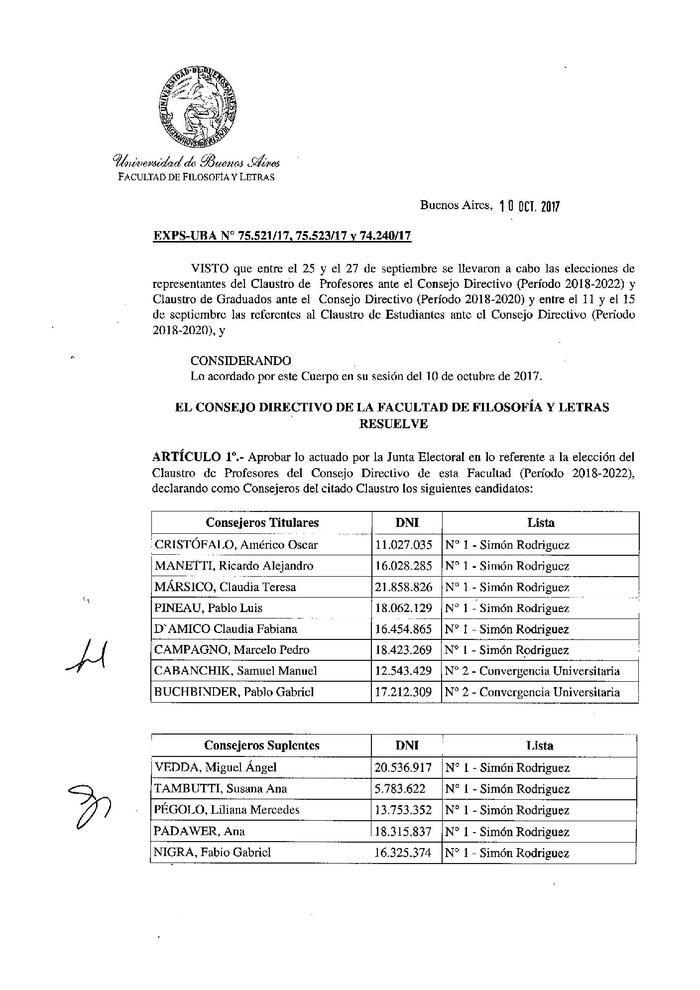Resolución n°4122 del Consejo Directivo del día 10 de octubre de 2017.