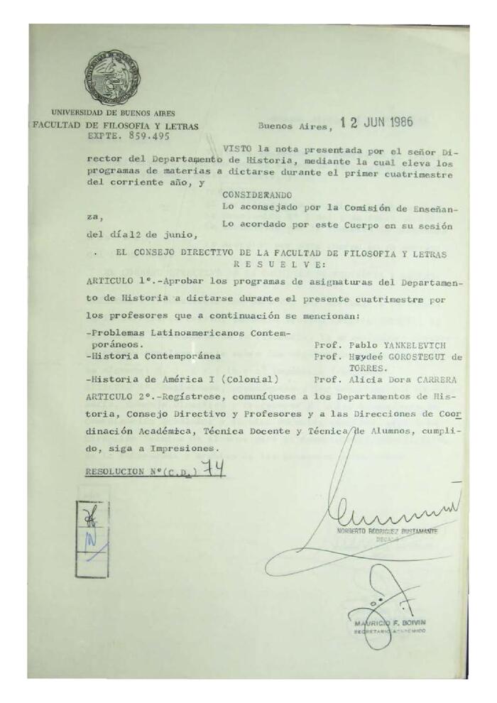 Resolución n°74 del Consejo Directivo del día 12 de junio de 1986.