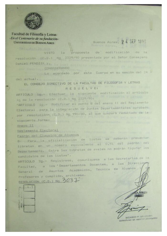 Libro de Resoluciones del Consejo Directivo de septiembre a noviembre de 1996. (Res. 3037-3261). 