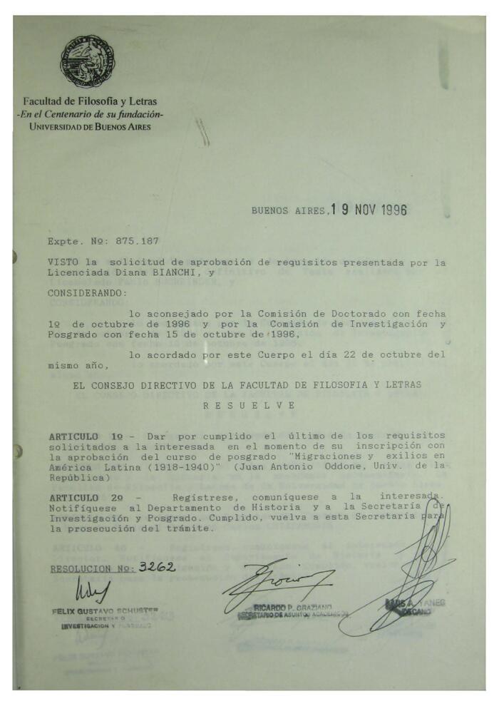 Libro de Resoluciones del Consejo Directivo de noviembre a diciembre de 1996. (Res. 3262-3464). 