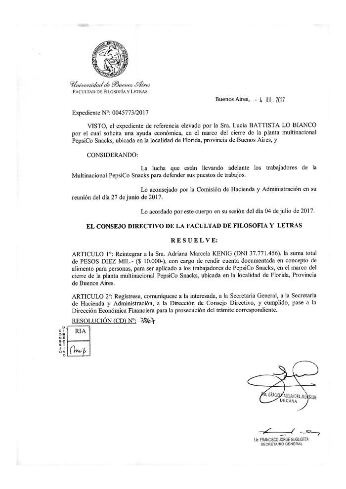 Resolución n°3867 del Consejo Directivo del día 4 de julio de 2017