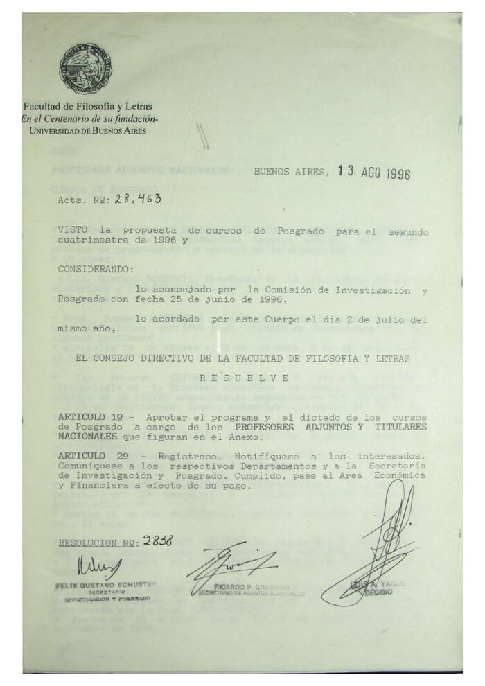 Libro de Resoluciones del Consejo Directivo de agosto a septiembre de 1996. (Res. 2838-3036).