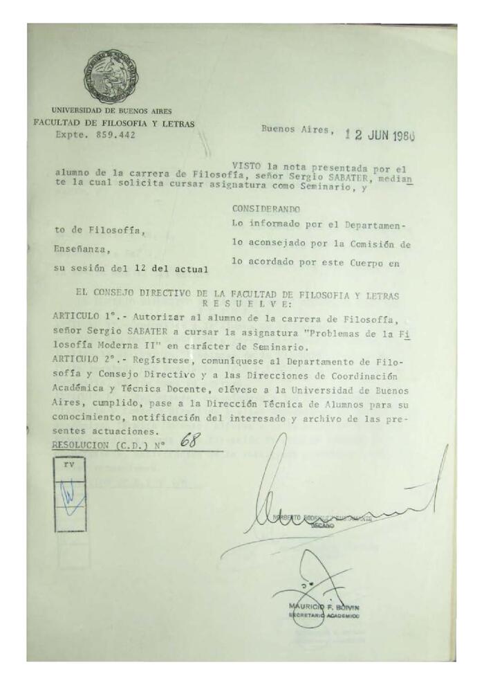 Resolución n°68 del Consejo Directivo del día 12 de junio de 1986.