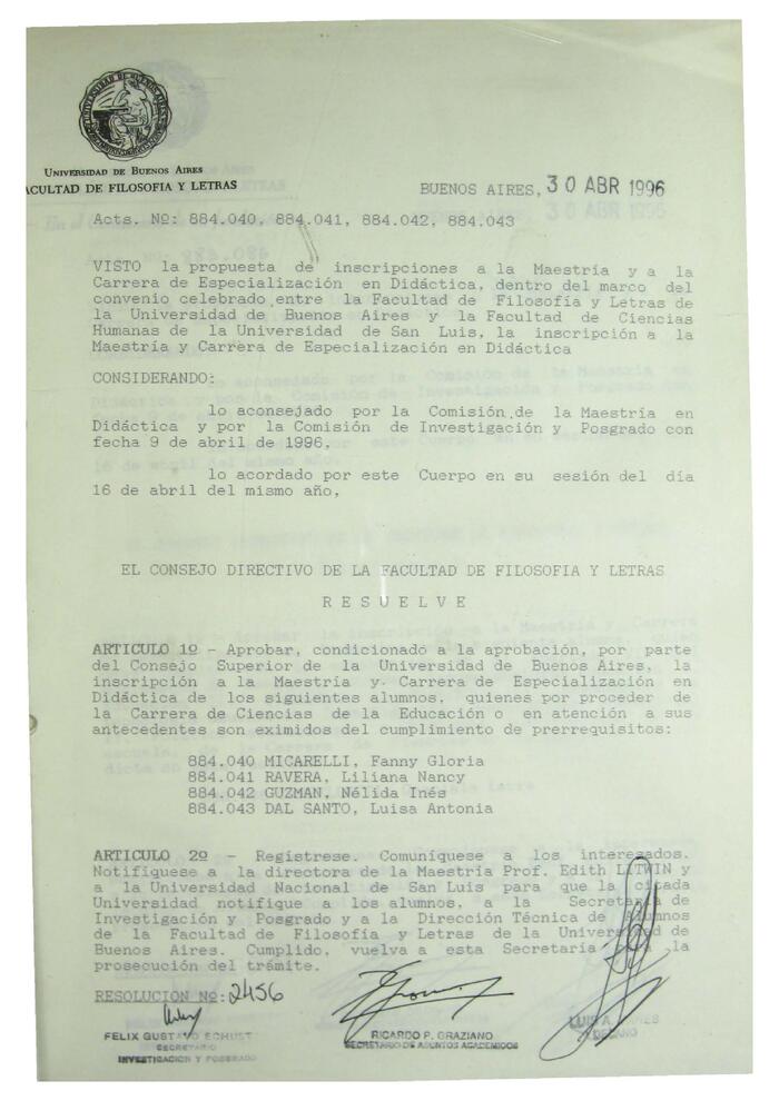 Libro de Resoluciones del Consejo Directivo de abril a junio de 1996. (Res. 2456-2647)