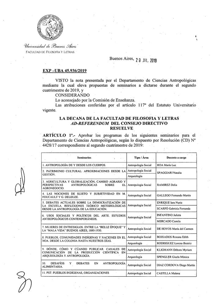 Resolución n°2249 del Consejo Directivo del día 29 de julio de 2019.