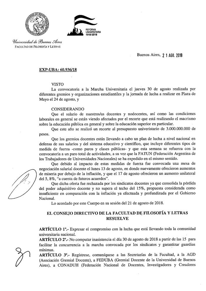 Resolución n°733 del Consejo Directivo del día 21 de agosto de 2018.