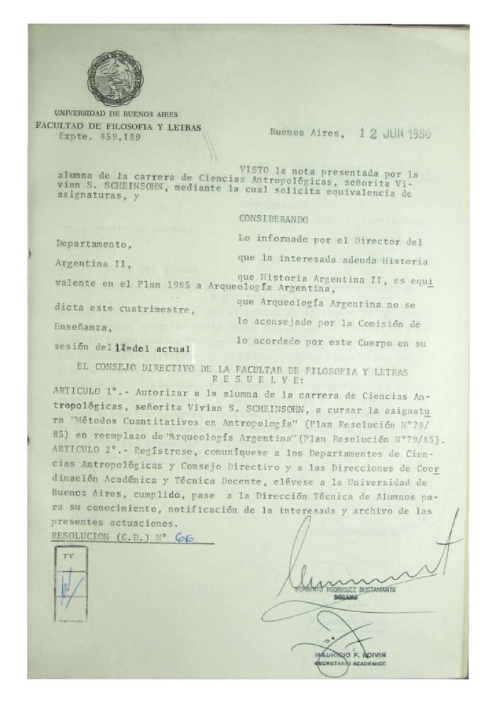Resolución n°66 del Consejo Directivo del día 12 de junio de 1986.