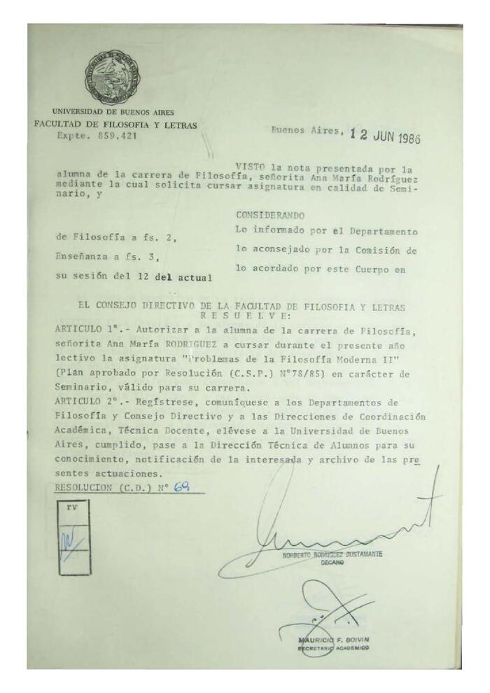 Resolución n°69 del Consejo Directivo del día 12 de junio de 1986.