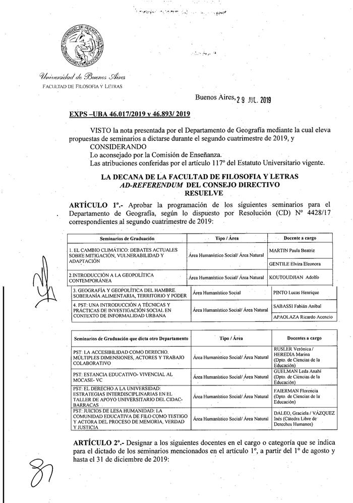 Resolución n°2252 del Consejo Directivo del día 29 de julio de 2019.