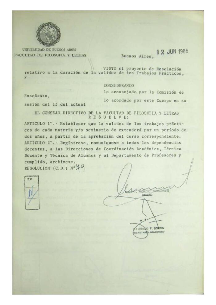 Resolución n°79 del Consejo Directivo del día 12 de junio de 1986.