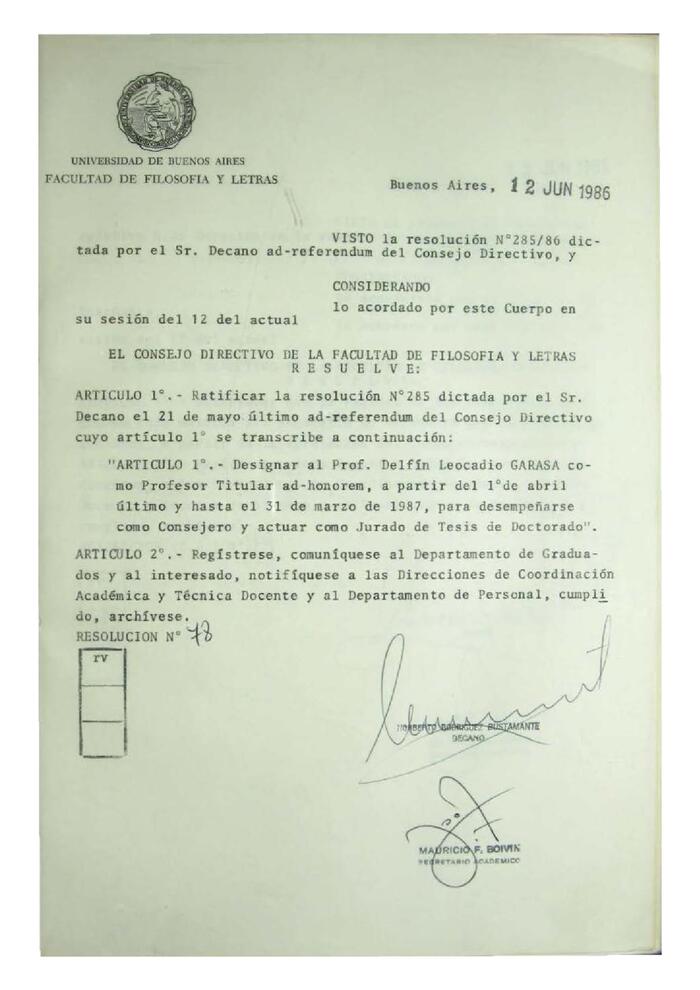 Resolución n°78 del Consejo Directivo del día 12 de junio de 1986.