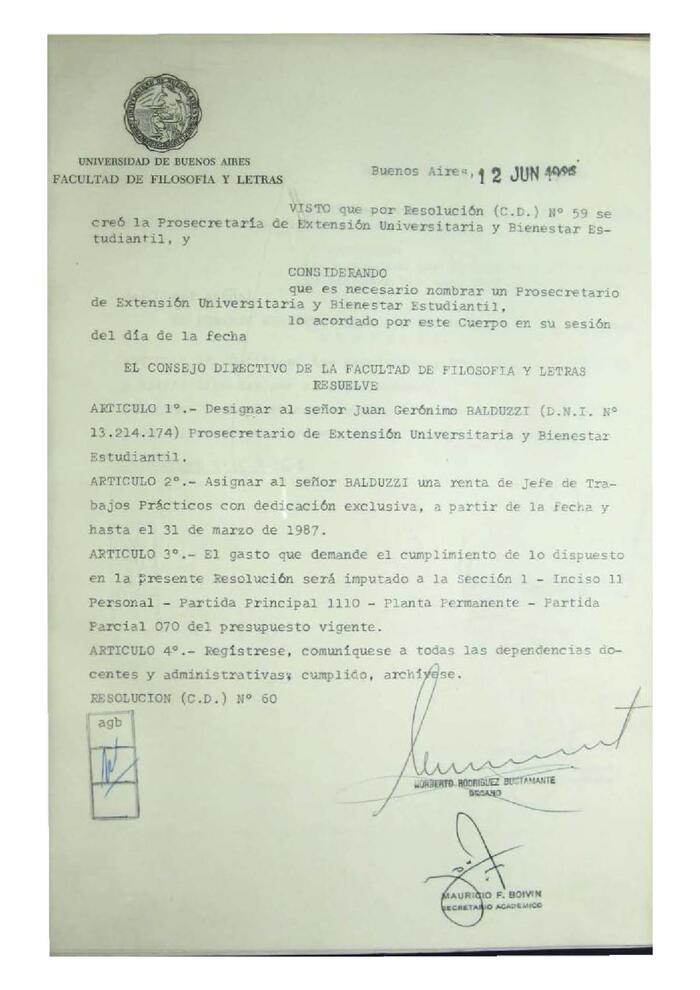 Resolución n°60 del Consejo Directivo del día 12 de junio de 1986.