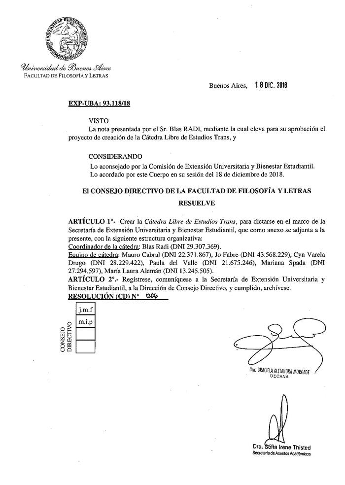 Resolución n°1206 del Consejo Directivo del día 18 de diciembre de 2018.