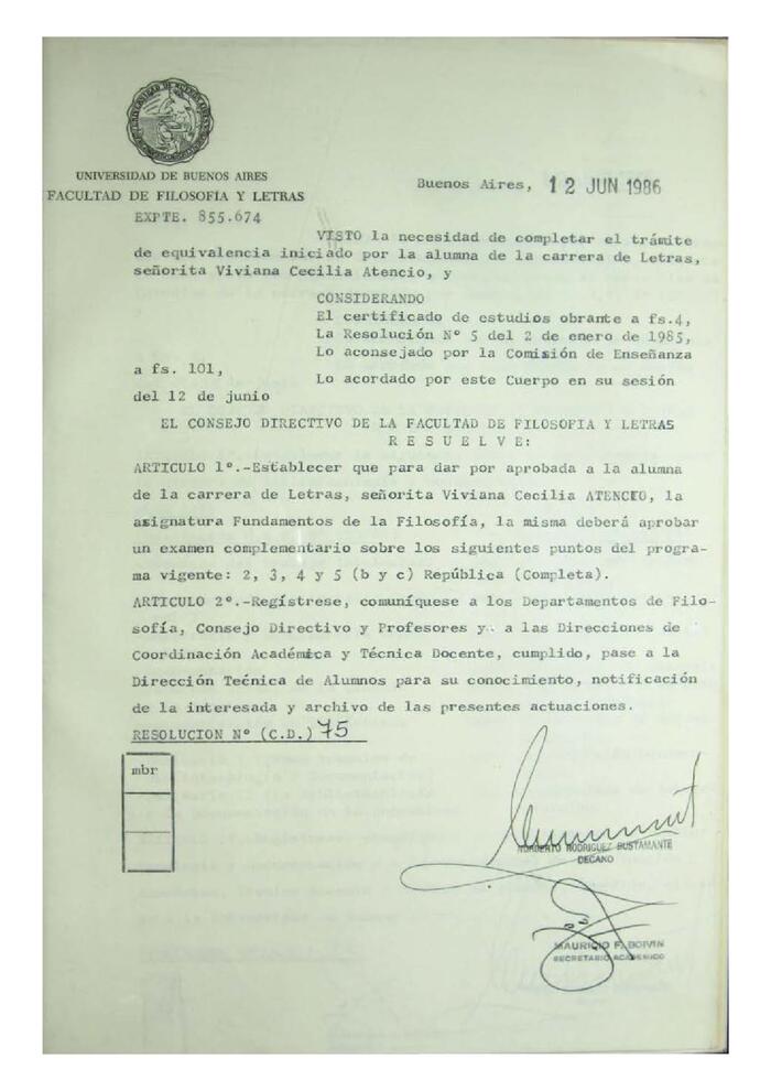 Resolución n°75 del Consejo Directivo del día 12 de junio de 1986.