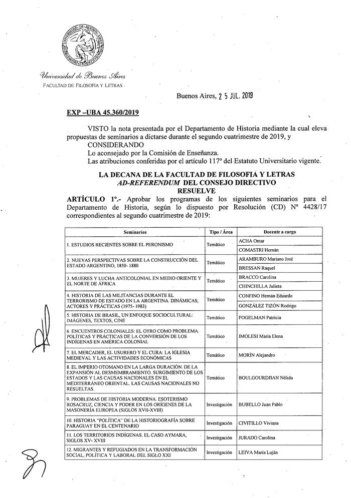 Resolución n°2222 del Consejo Directivo del día 25 de julio de 2019.