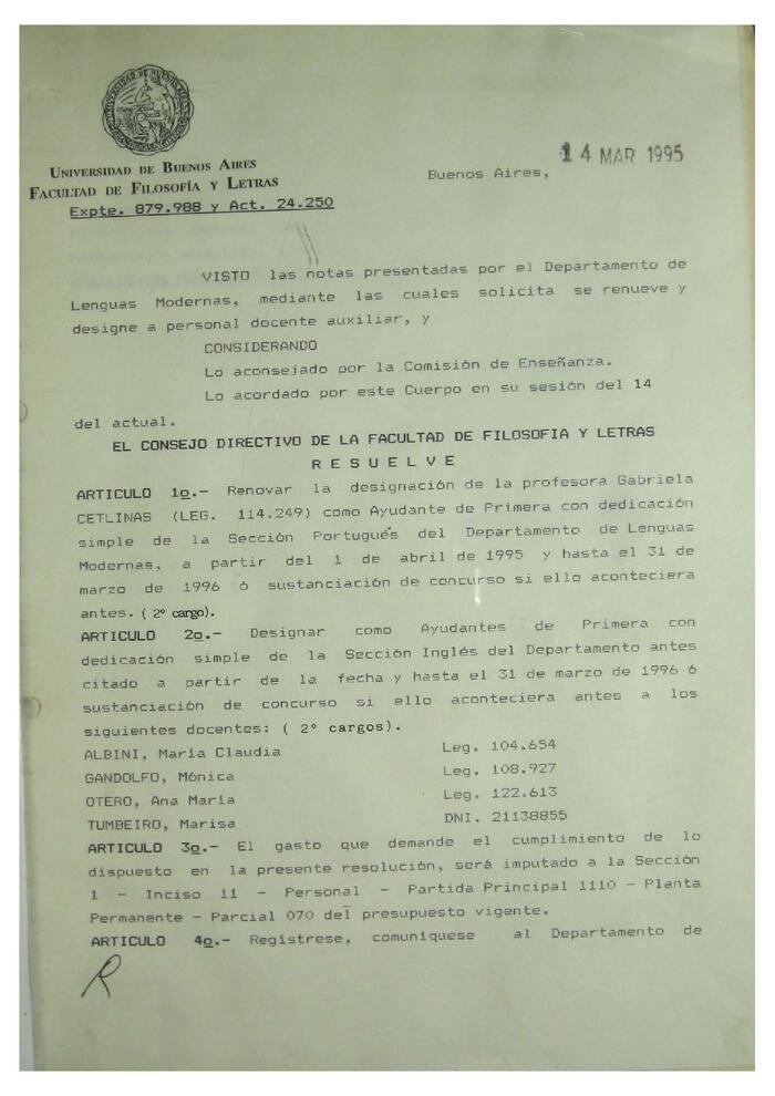 Libro de Resoluciones del Consejo Directivo de marzo a mayo de 1995. (Res. 1001-1140)