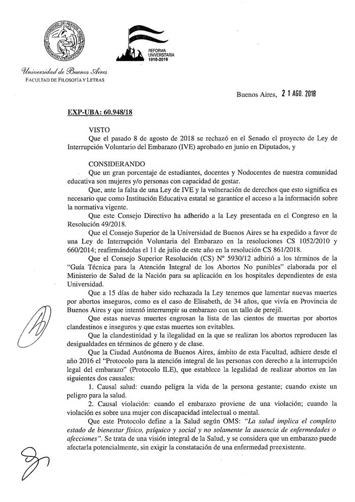 Resolución n°729 del Consejo Directivo del día 21 de agosto de 2018.