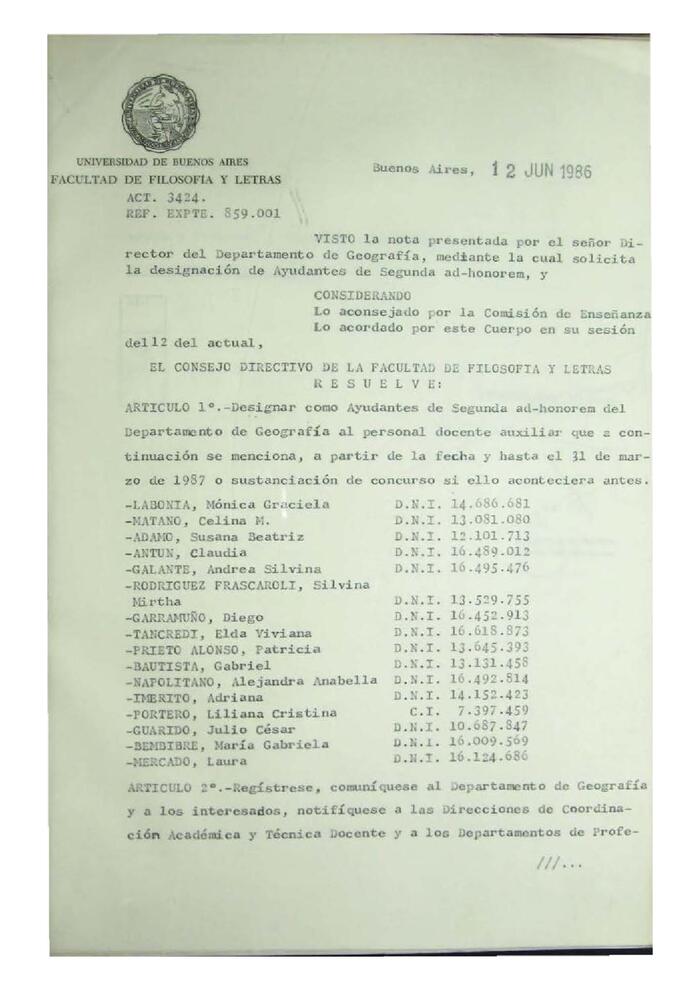 Resolución n°62 del Consejo Directivo del día 12 de junio de 1986.