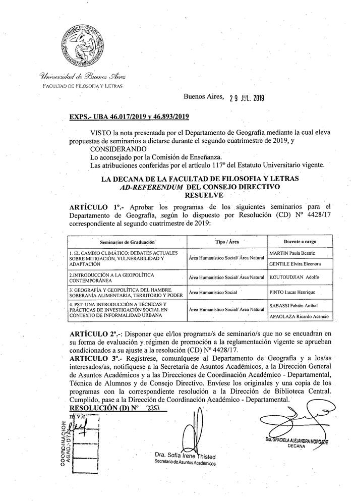 Resolución n°2251 del Consejo Directivo del día 29 de julio de 2019.