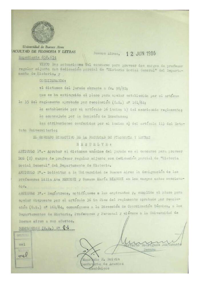 Resolución n°81 del Consejo Directivo del día 12 de junio de 1986.