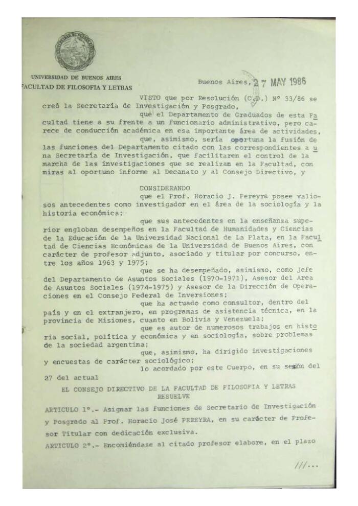 Resolución n°34 del Consejo Directivo del día 27 de mayo de 1986.