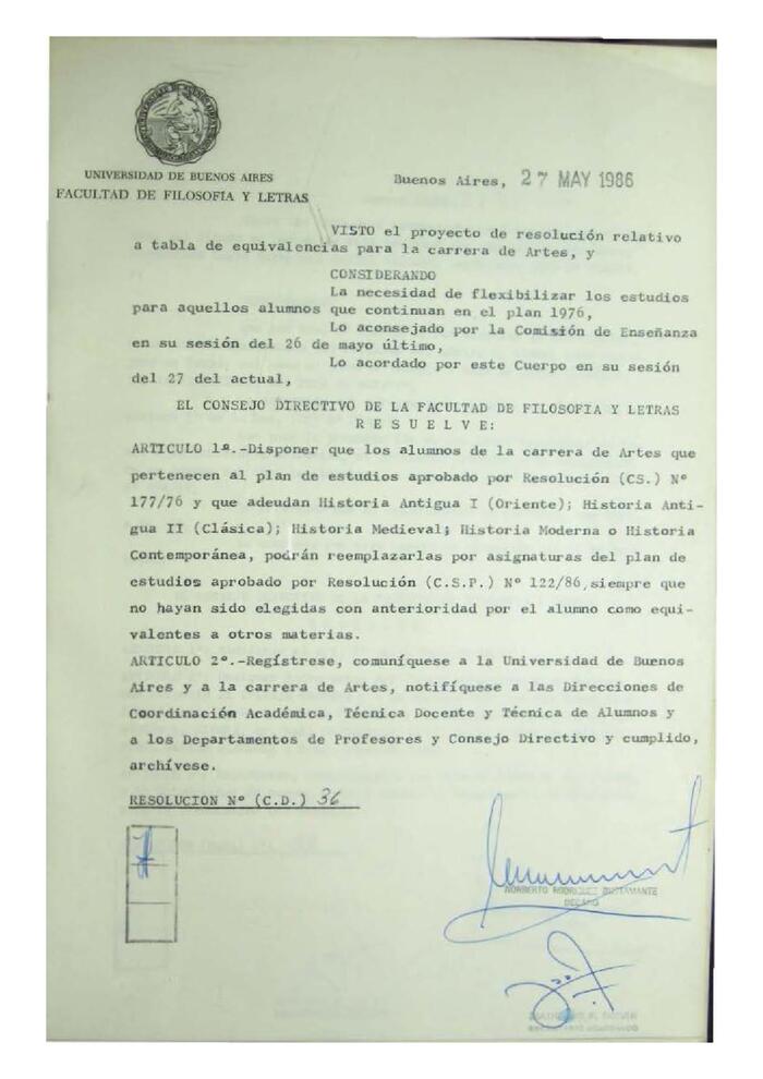 Resolución n°36 del Consejo Directivo del día 27 de mayo de 1986.