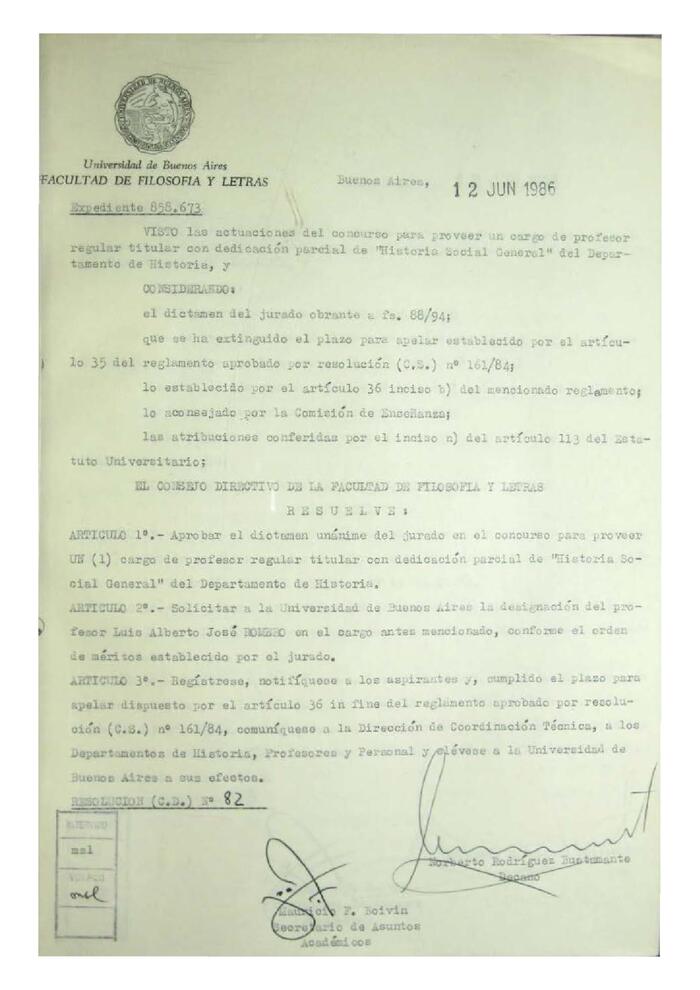 Resolución n°82 del Consejo Directivo del día 12 de junio de 1986.