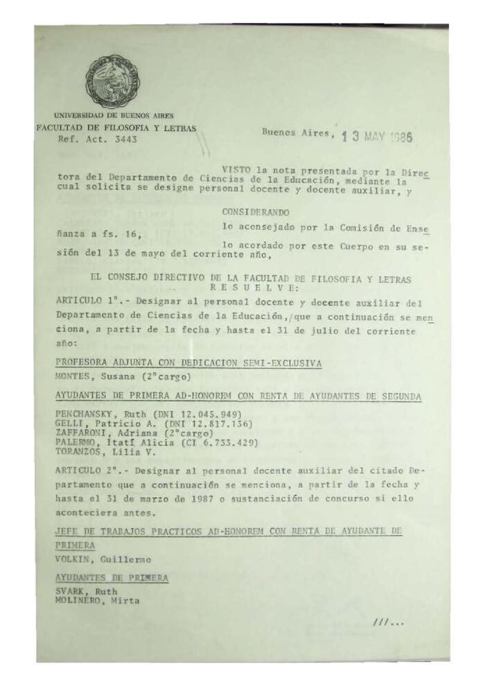 Resolución n°22 del Consejo Directivo del día 13 de mayo de 1986.