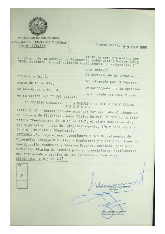 Resolución n°44 del Consejo Directivo del día 27 de mayo de 1986.