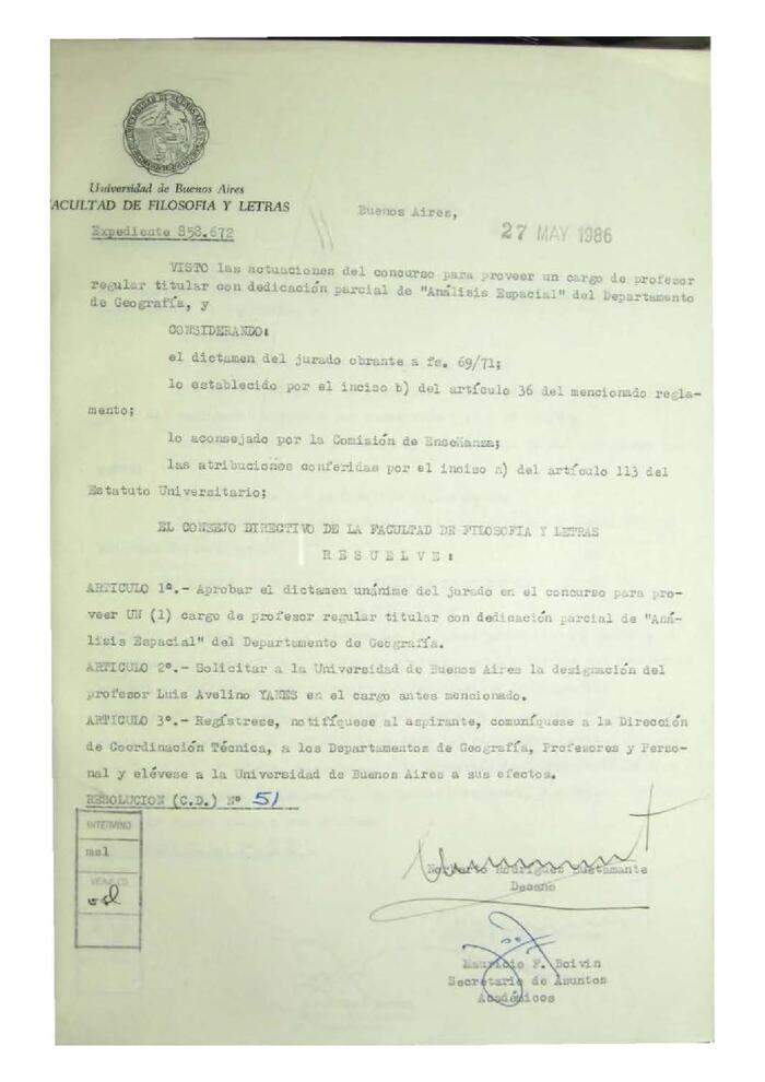 Resolución n°51 del Consejo Directivo del día 27 de mayo de 1986.