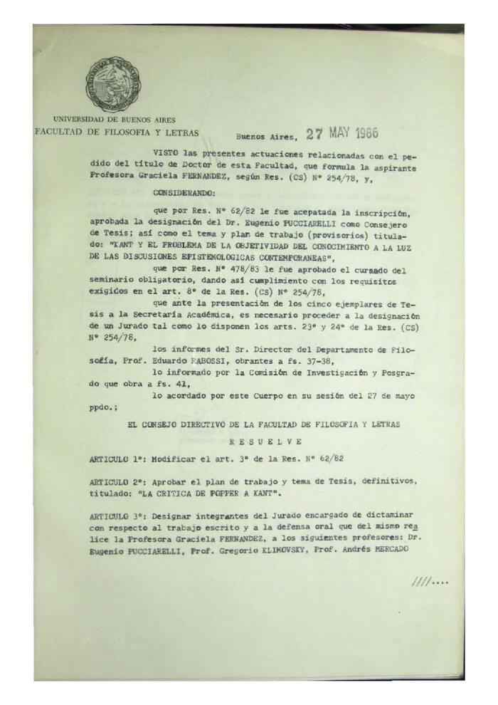 Resolución n°56 del Consejo Directivo del día 27 de mayo de 1986.