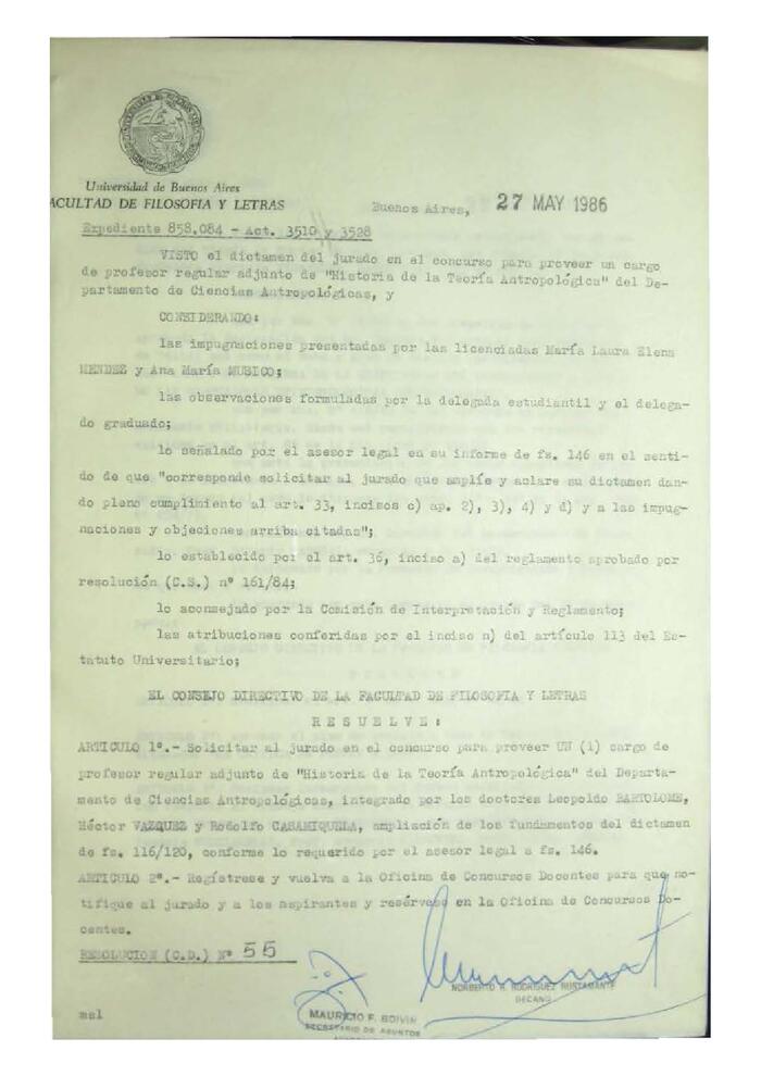 Resolución n°55 del Consejo Directivo del día 27 de mayo de 1986.