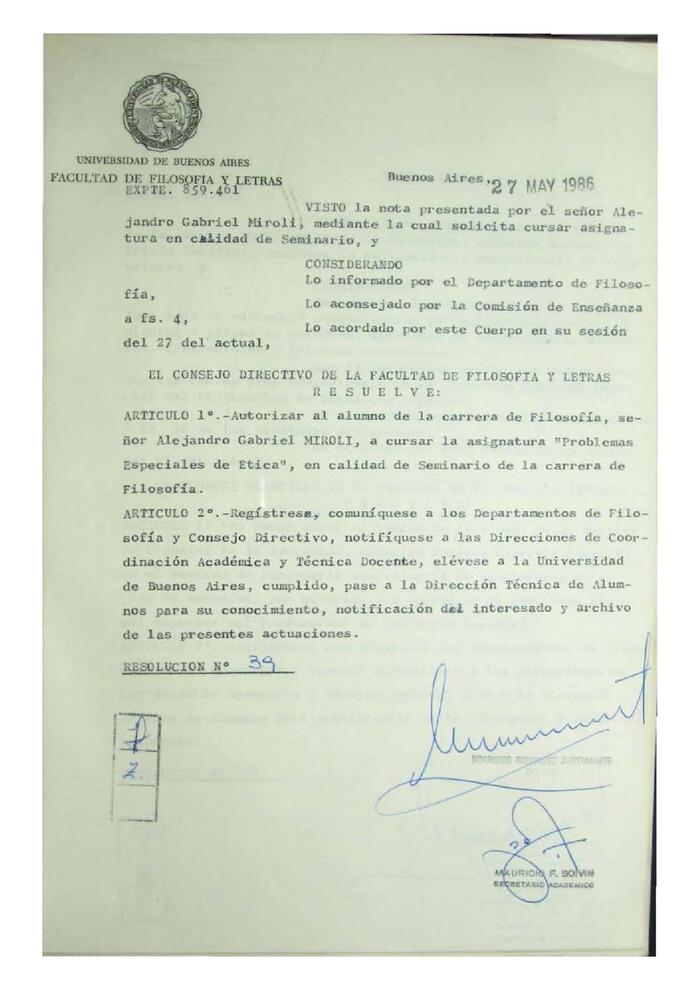 Resolución n°39 del Consejo Directivo del día 27 de mayo de 1986.