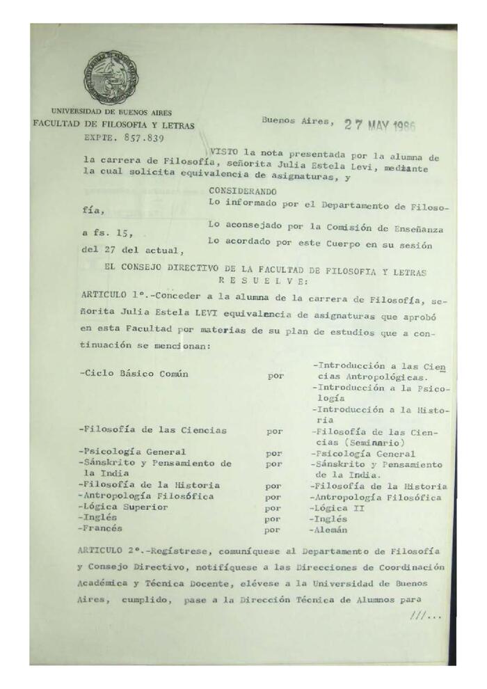 Resolución n°48 del Consejo Directivo del día 27 de mayo de 1986.