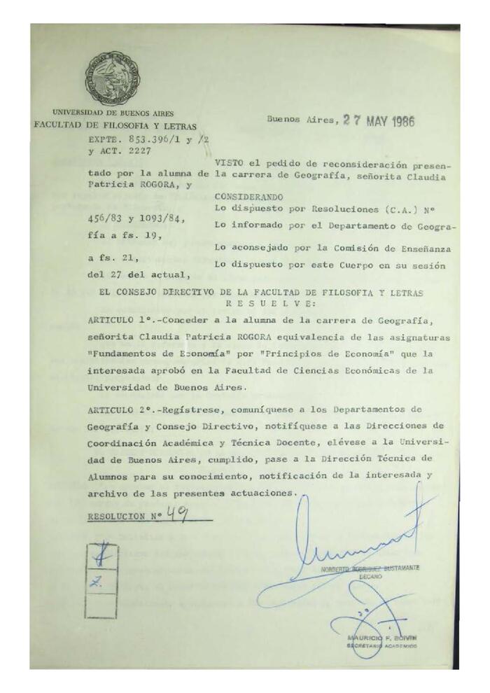 Resolución n°49 del Consejo Directivo del día 27 de mayo de 1986.