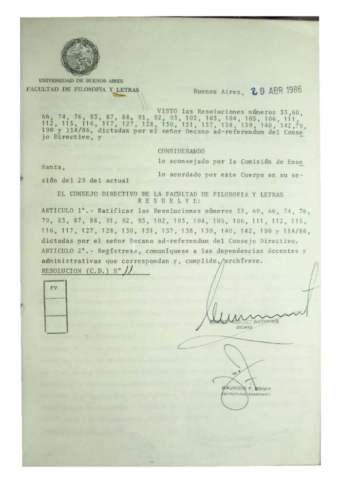 Resolución n°11 del Consejo Directivo del día 29 de abril de 1986