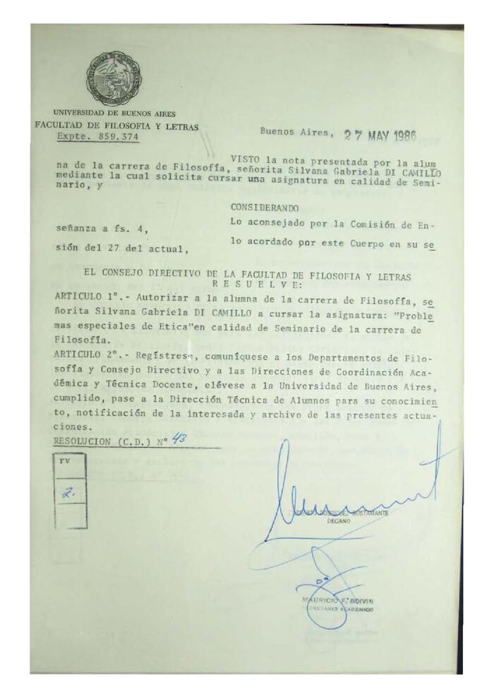 Resolución n°43 del Consejo Directivo del día 27 de mayo de 1986.