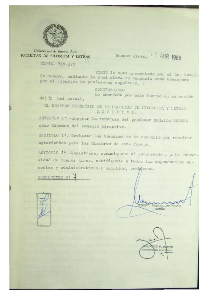 Resolución n°7 del Consejo Directivo del día 15 de abril de 1986