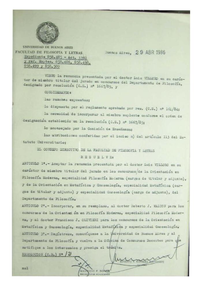Resolución n°12 del Consejo Directivo del día 29 de abril de 1986.