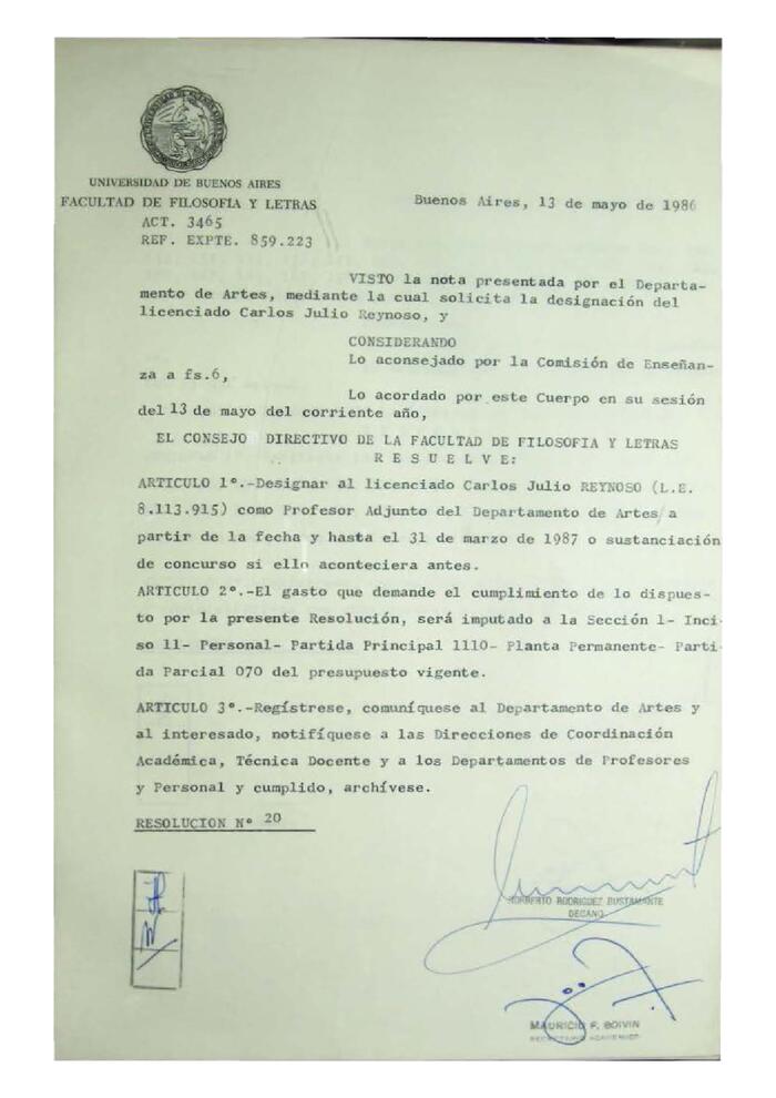 Resolución n°20 del Consejo Directivo del día 13 de mayo de 1986.