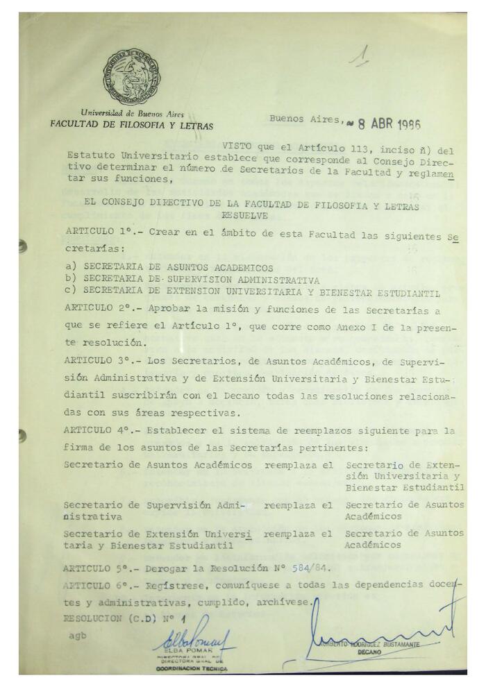 Resolución n° 1 del Consejo Directivo del día 8 de abril de 1986